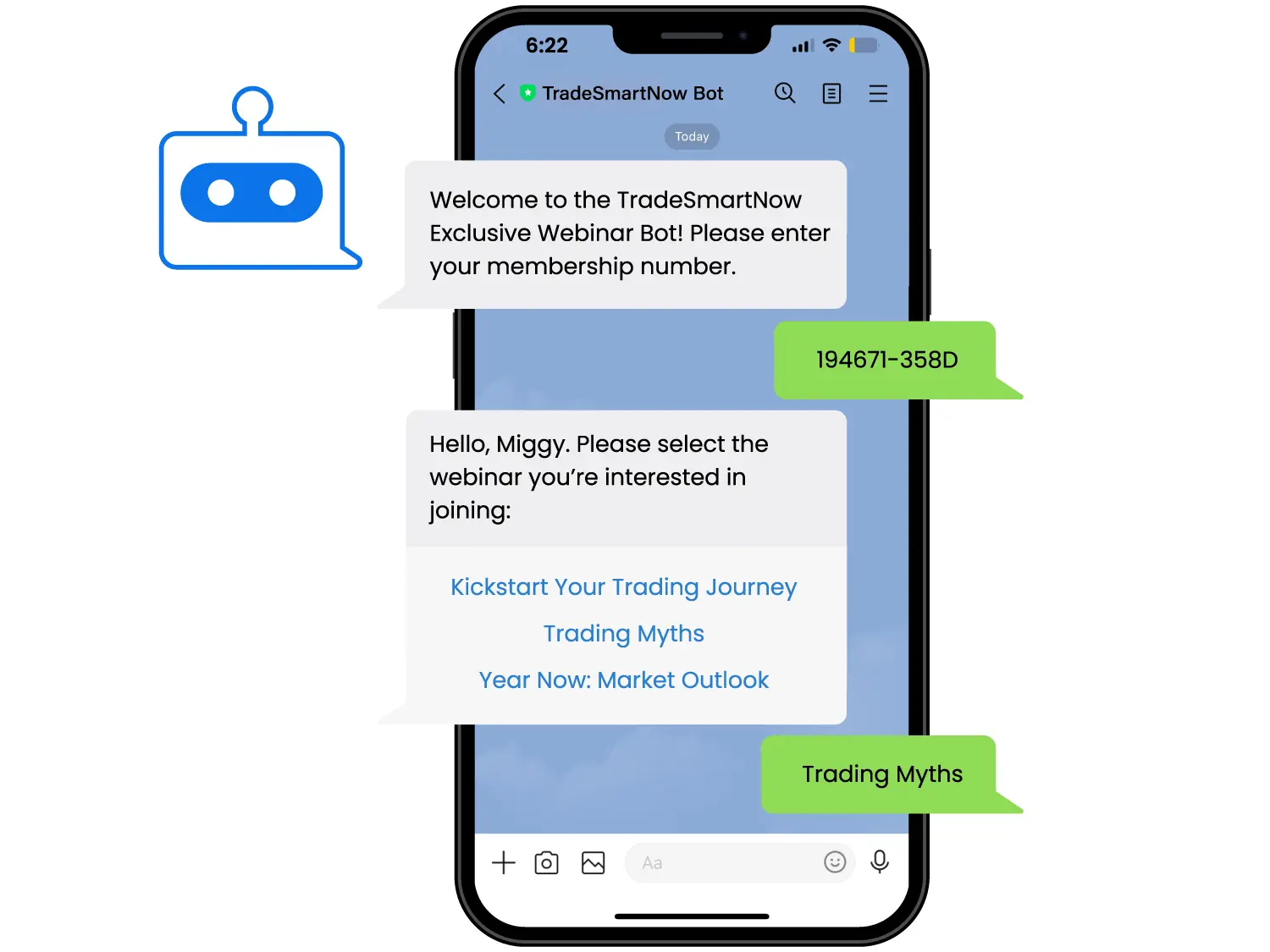 A LINE bot conversation showing a chatbot flow for automating webinar sign-ups in-app